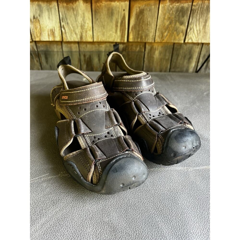 Crocs Swiftwater Mens Size 10 M10 Brown Leather Outdoor Fisherman Sandals 204562 - Picture 3 of 11
